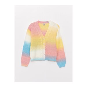 LC Waikiki Girls' V-Neck Color Block Long Sleeve Knitwear Cardigan