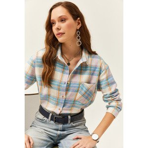 Olalook Women's Baby Blue Lilac Single Pocket Plaid Lumberjack Shirt