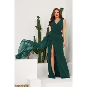 Carmen Petrol Chiffon Long Evening Dress And Invitation Dress With Stones On The Shoulder