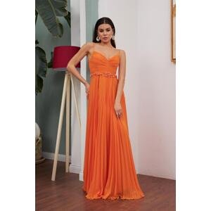 Carmen Orange Chiffon Pleated Long Evening Dress with Beaded Waist