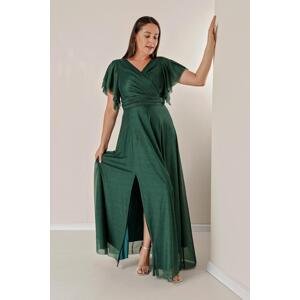 By Saygı Plus Size Long Glittery Dress with a Double Breasted Collar Draping and Linen