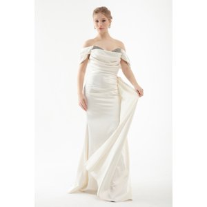 Lafaba Women's White Boat Neck Slit Long Satin Evening Dress