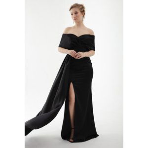 Lafaba Women's Black Boat Neck Slit Long Evening Dress