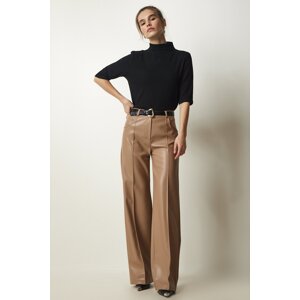 Happiness İstanbul Women's Biscuit Premium Pocket Faux Leather Trousers