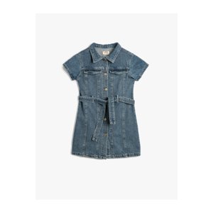 Koton Denim Dress Short Sleeve Pocket Detailed Belted Button Closure Cotton