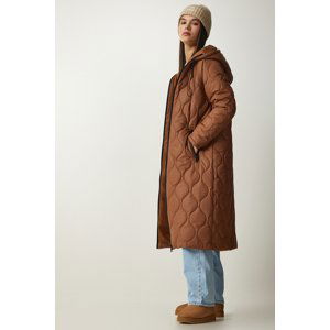 Happiness İstanbul Women's Brown Hooded Quilted Coat with Pockets