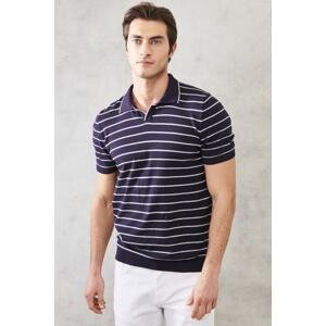 ALTINYILDIZ CLASSICS Men's Navy Blue Standard Fit Normal Cut Polo Neck 100% Cotton Striped Knitwear T-Shirt