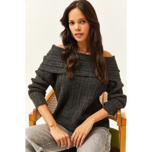 Olalook Women's Gray Madonna Collar Soft Textured Knitwear Sweater