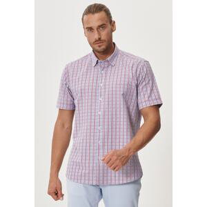 ALTINYILDIZ CLASSICS Men's White-burgundy Comfort Fit Relaxed Cut Buttoned Collar Short Sleeve Summer Shirt