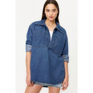 Trendyol Dark Blue More Sustainable Oversize Denim Shirt with Pocket Detail