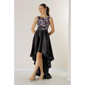 By Saygı Embroidered Sequins Floral Top Short Front Long Back Long Lined Satin Long Dress
