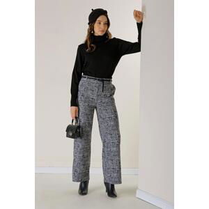 By Saygı Broken Glass Patterned Palazzo Trousers with Elastic Waist Belt and Side Pockets