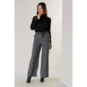 By Saygı Broken Glass Patterned Palazzo Trousers with Elastic Waist Belt and Side Pockets