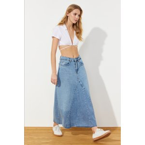 Trendyol Blue Flounce Sewing Detailed High Waist Maxi Denim Skirt