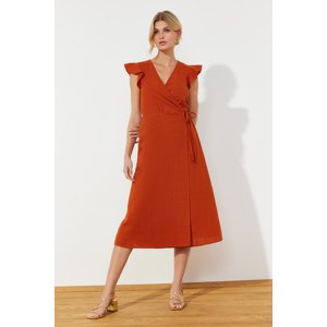 Trendyol Tile Double Breasted Ruffle Detail Midi Woven Linen Look Dress