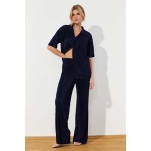 Trendyol Navy Blue Pleat Relaxed Shirt and Trousers Knitted Bottom Top Set