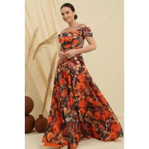 By Saygı Madonna Collar Front Draped Lined Floral Pattern Long Chiffon Dress