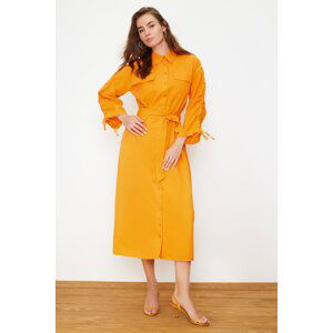 Trendyol Orange Belted Cotton Woven Shirt Dress with Adjustable Sleeves