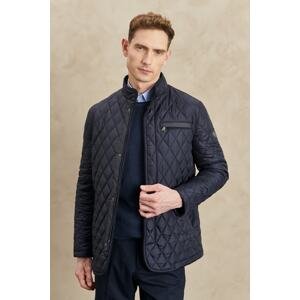 ALTINYILDIZ CLASSICS Men's Navy Blue Standard Fit Regular Fit High Neck Snaps Filled Patterned Overcoat