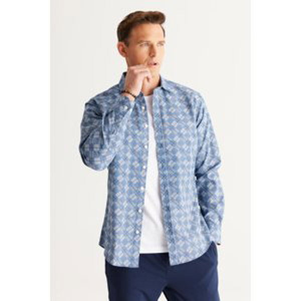 AC&Co / Altınyıldız Classics Men's Blue Comfort Fit Cotton Classic Collar Shirt
