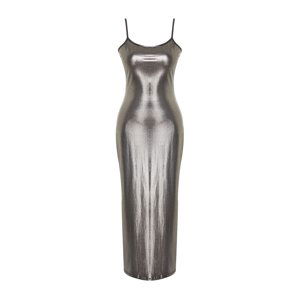 Trendyol Gray Foil/Glossy Print Fitted Maxi Stretch Knit Knit Dress