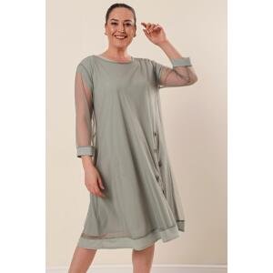 By Saygı Stone Embroidered Tulle Silvery Plus Size Lycra Dress