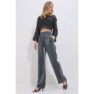 Trend Alaçatı Stili Women's Gray Double Pocket Elastic Waist Shiny Satin Palazzo Trousers