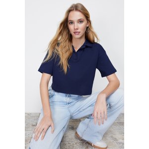 Trendyol Navy Blue 100% Cotton Crop Polo Neck Knitted T-Shirt