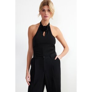 Trendyol Black Fitted Stretchy Knitted Bodysuit with Cut Out and Rose Detail with Snaps
