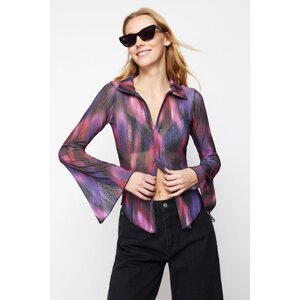 Trendyol Purple Special Textured Regular/Normal Pattern Printed Shirt Collar Stretchy Knitted Blouse