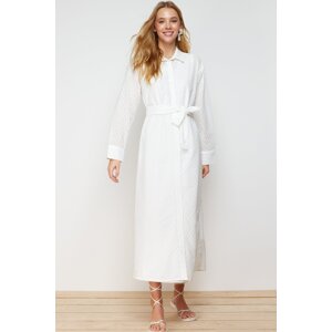 Trendyol White Floral Belted Lined Woven Embroidery / Guipure Shirt Dress