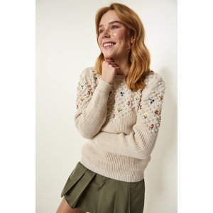 Happiness İstanbul Cream Floral Embroidered Textured Knitwear Sweater