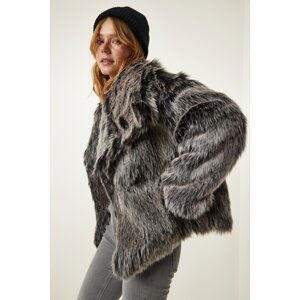 Happiness İstanbul Gray Premium Wide Collar Faux Fur Jacket