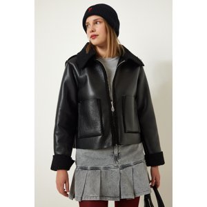 Happiness İstanbul Black Fur Collar Wide Pocket Faux Leather Jacket