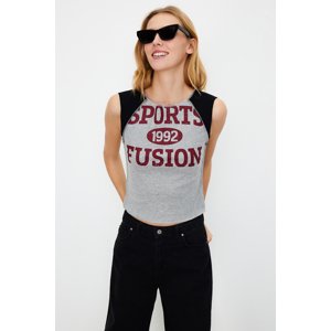 Trendyol Gray Melange Color Block Slogan Printed Fitted/Situated Crop Knitted T-Shirt