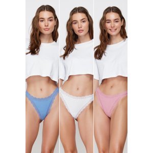 Trendyol White-Pink-Blue 3 Pack 100% Cotton Corded Lace Detailed String Knitted Panties