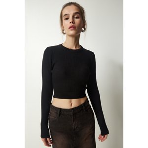 Happiness İstanbul Women's Black Ribbed Crop Knitwear Sweater
