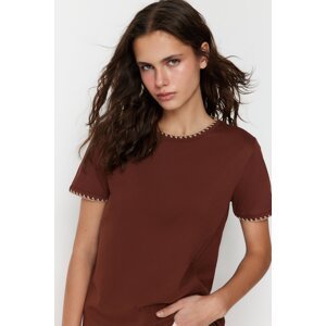 Trendyol Brown 100% Cotton Basic Crew Neck Knitted T-Shirt with Contrast Stitching Detail