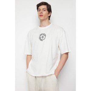 Trendyol Ecru Oversize/Wide Cut 100% Cotton T-shirt with Text Embroidery