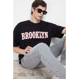 Trendyol Black Oversize/Wide Fit Fluffy Brooklyn City-Writing Print 100% Cotton T-Shirt