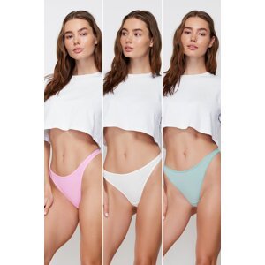 Trendyol Ecru-Pink-Green 3 Pack Cotton Thong Knitted Panties