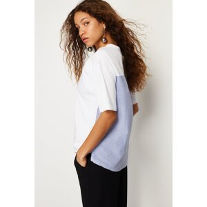 Trendyol White Striped Poplin Detail Oversize/Wide Fit Knitted T-Shirt