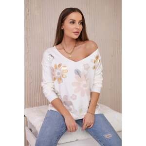 Sweater blouse with colorful flowers powder pink+beige