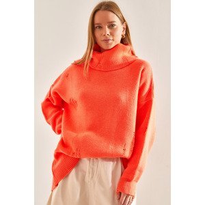 Bianco Lucci Women's Turtleneck Ripped Patterned Oversize Knitwear Sweater