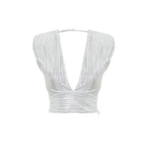 Trendyol Silver Waistband Crop Deep V Neck Pleated Blouse