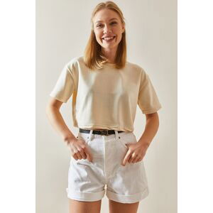 XHAN Cream Crew Neck Oversize Crop T-Shirt