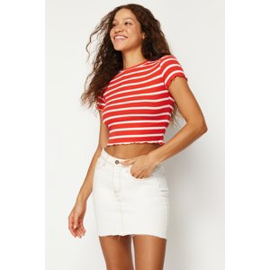 Trendyol Red-White Striped Baby Overlock Detailed Fitted Crop Knitted Blouse