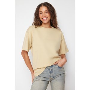 Trendyol Dark Beige 100% Cotton Oversize/Wide Fit Crew Neck Knitted T-Shirt