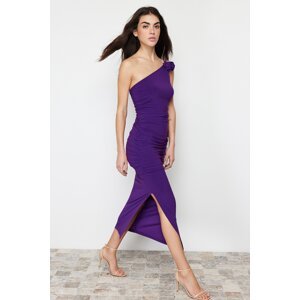 Trendyol Purple Accessory Rose Detailed Gathered Bodycone/Fitted Stretch Knitted Midi Pencil Dress