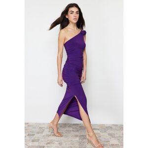 Trendyol Purple Accessory Rose Detail Gathered Bodycone/Sleeping Knitted Midi Dress